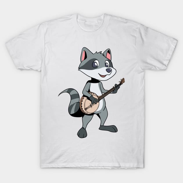 Cartoon raccoon playing banjo T-Shirt by Modern Medieval Design